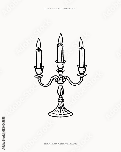 Hand-drawn vintage-style illustration of an ornate candelabrum with three lit candles. Perfect for wedding decor, invitations, historical themes, restaurant branding, and elegant design projects.