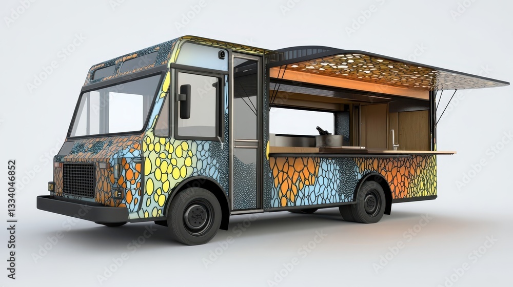 Obraz premium A brightly patterned food truck with an open serving window