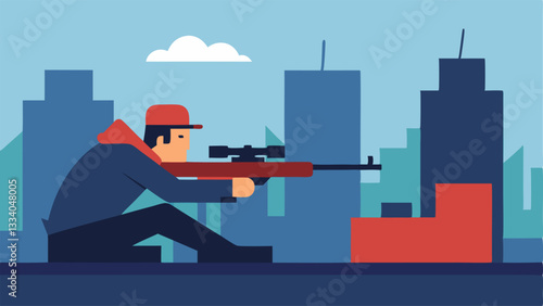 Rooftop View A scene of a sniper lying prone on a flat rooftop with the city skyline in the background and a communication device in one hand while aiming with the other.