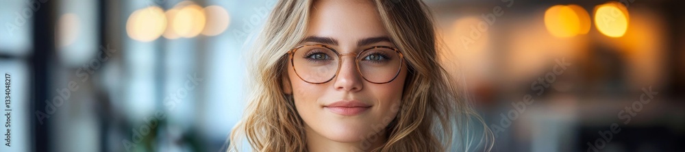 Young Woman with Glasses Smiling Confidently in a Bright Office Environment. Generative AI Young Woman with Glasses Smiling Confidently in a Bright Office Environment. Generative AI