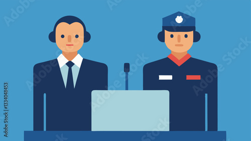 Protection Team A pair of security personnel standing at attention next to the witness stand one with an earpiece for communication enhancing the security aspect.