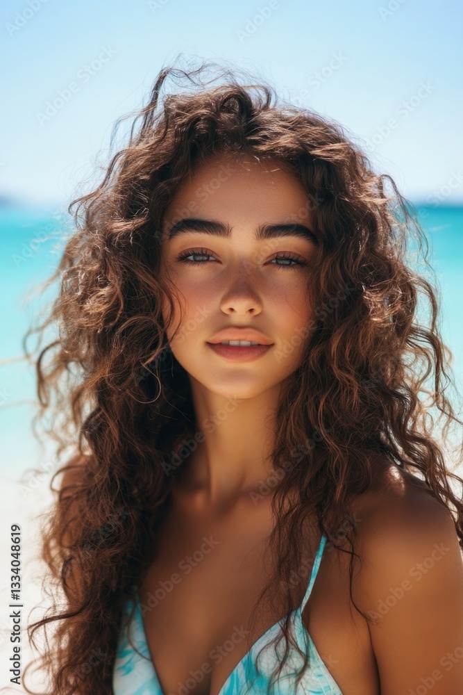 A woman relaxing by the pool or beach, wearing a bright blue bikini and long curly hair A woman relaxing by the pool or beach, wearing a bright blue bikini and long curly hair