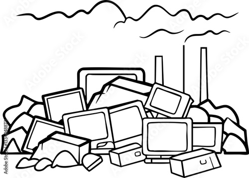 Piles of electronic waste and pollution in an industrial setting.