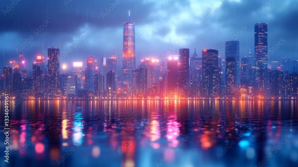 Fototapeta premium Cityscape at Night with Reflections in Rainy Weather. Generative AI