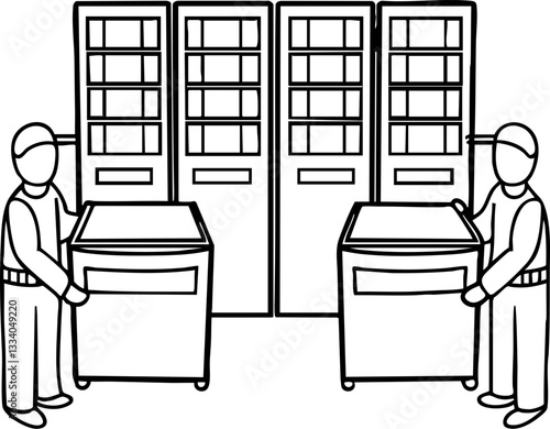 Two individuals pushing carts between cabinets in a simple linear illustration.