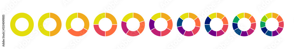Dividing diagram equal parts from 1 to 10 color spectrum, Cyclic pie chart wheel infographic, Vector illustration. Dividing diagram equal parts from 1 to 10 color spectrum, Cyclic pie chart wheel infographic, Vector illustration.
