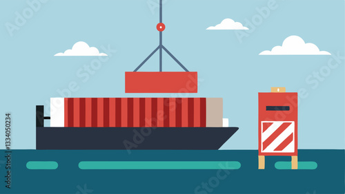 Empty Shipping Container A vector of an empty shipping container sitting in a dock with a sign that says Sanctioned visualizing the inactivity in trade.