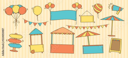 cute hand drawn graphic element vector set in fair or market items concept