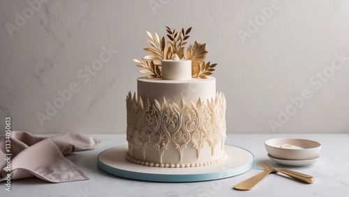 Elegant Gold & White Wedding Cake – Luxurious Artistic Design