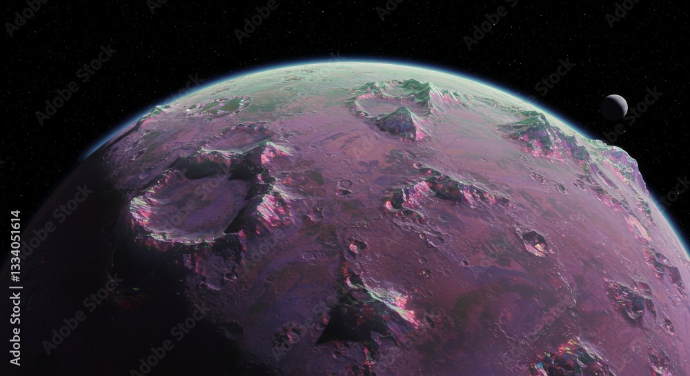 Naklejka premium Generative AI Alien Planet Surface With Distant Moon planet alien planet moon surface purple craters mountains space atmosphere horizon exploration discovery future science fiction