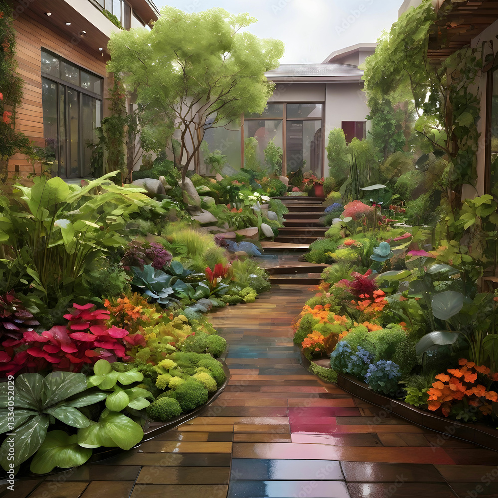 Fototapeta premium Rainy Garden Becomes a Vibrant Sanctuary, Blending Water and Foliage into a Colorful Harmony