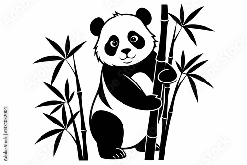 panda on bamboo line art silhouette vector illustration