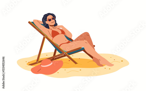 Illustration of a woman sunbathing in a bikini on a sandy beach, relaxing on a wooden sun lounger with a hat beside her. She wears red sunglasses and enjoys the peaceful atmosphere.