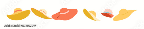 Illustration features five widebrimmed hats in assorted colors and styles. Each hat varies in design from simple to more detailed, showcasing diversity in headwear artistry.