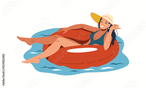 Illustration of a woman wearing a hat and swimsuit lounging on a red inflatable ring in calm blue water, enjoying a sunny day with a joyful expression.