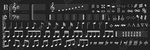 Illustration showing various musical notations including clefs, notes, rests, and dynamic markings. Black background highlights white musical symbols for easy recognition.