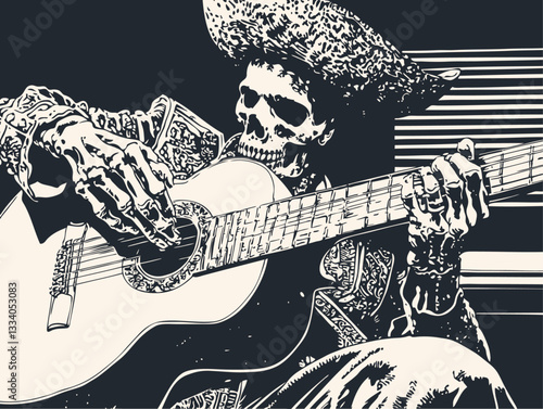 Vector illustration of a skeletal mariachi musician playing guitar while wearing a traditional sombrero. The black and white artwork features a Day of the Dead motif with striped background.