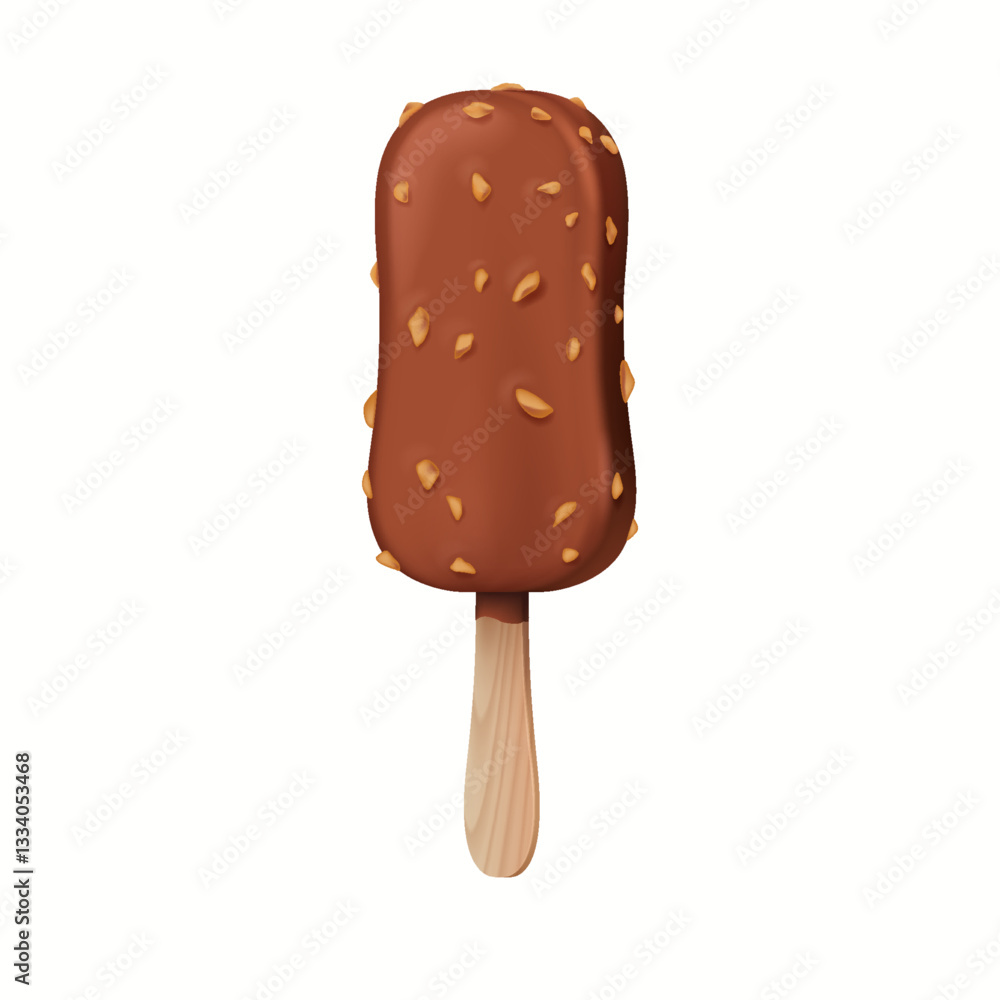 Realistic illustration of chocolatecoated ice cream on a stick with nuts against a clean white background. Perfect for dessert themed designs and food advertising. Realistic illustration of chocolatecoated ice cream on a stick with nuts against a clean white background. Perfect for dessert themed designs and food advertising.