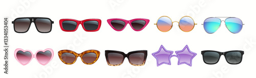 A diverse set of colorful sunglasses featuring different shapes such as hearts, stars, and aviators. Includes unique frames and vibrant lenses suitable for fashion.