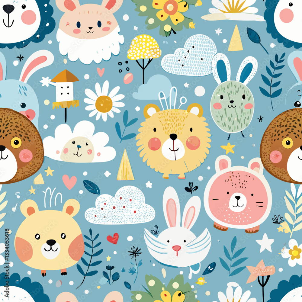 Obraz premium Whimsical Animal Wonderland: Seamless pattern of delightful cartoon animals, including bears, rabbits, and a hedgehog, amidst cheerful flowers, clouds, and stars on a bright blue backdrop. 