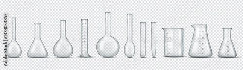Various types of transparent laboratory glassware including flasks, beakers, and measuring cylinders are displayed on a checkered background.