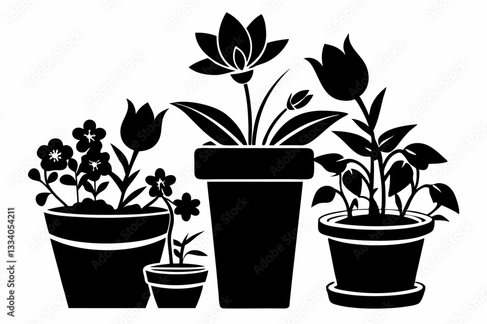 Obraz premium set of flower in a pot line art silhouette vector illustration