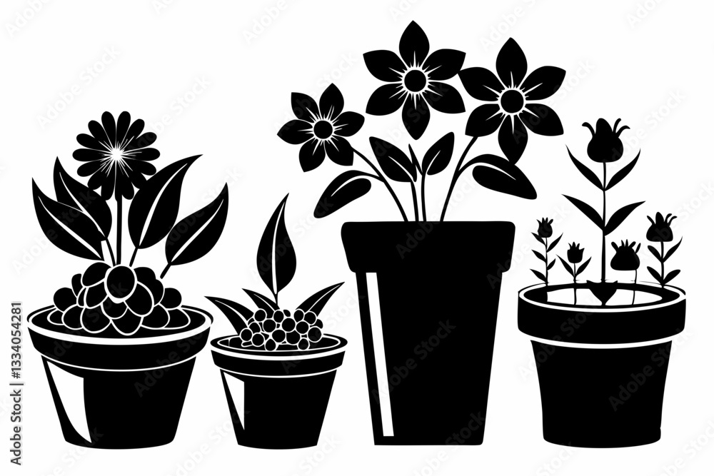 set of flower in a pot line art silhouette vector illustration set of flower in a pot line art silhouette vector illustration