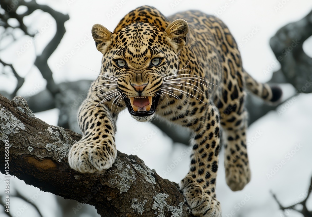 Fototapeta premium Powerful Leopard Stalking in Nature with Intense Expression and Focused Gaze on Tree Branch in Wildlife Environment