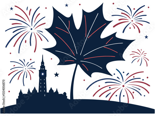 Patriotic Maple Leaf Illustration with Sparkling Fireworks Display