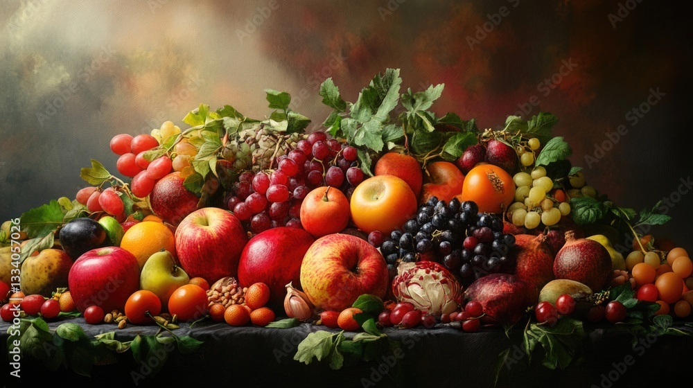Fresh fruits piled high on a wooden table, ideal for still life photography or food styling Fresh fruits piled high on a wooden table, ideal for still life photography or food styling