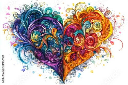 Vibrant abstract heart illustration with swirling colors, showcasing love and passion through intricate patterns and designs, ideal for romantic concepts
