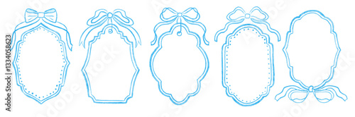 Collection elegant and vintage frames in watercolor style. Drawn coquette border with bow. Wedding celebration decor