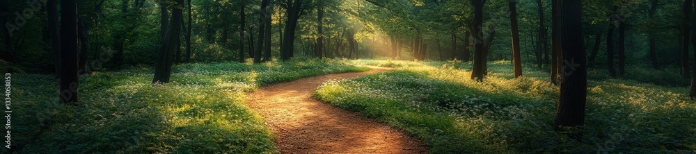 Obraz premium Sunlit Path Through a Lush Green Forest. Generative AI