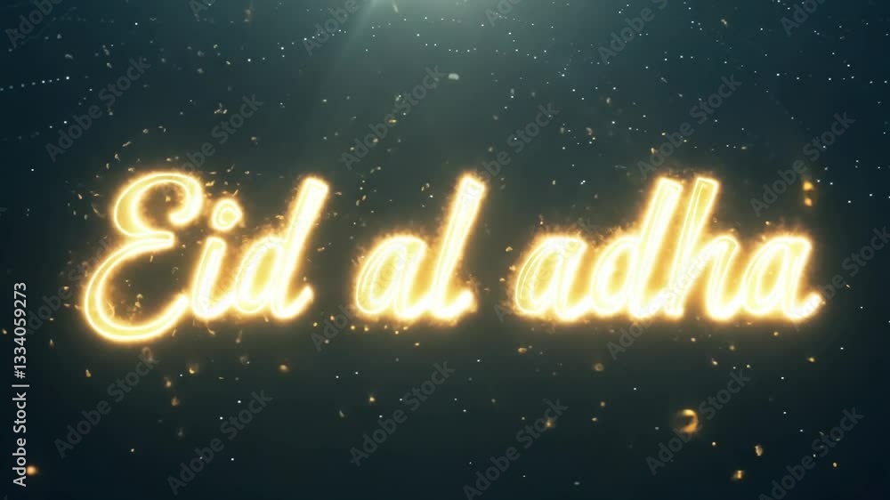 The word Eid al-Adha is written in gold letters on a black background. The letters are illuminated and appear to be surrounded by a glowing effect The word Eid al-Adha is written in gold letters on a black background. The letters are illuminated and appear to be surrounded by a glowing effect