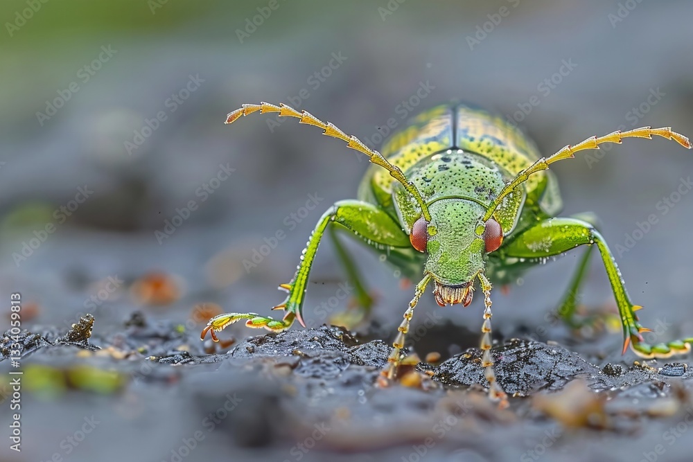 Fototapeta premium Close-up image of a vivid green June beetle against a clear background.
