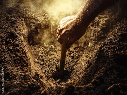 A person is manually digging a hole using a shovel