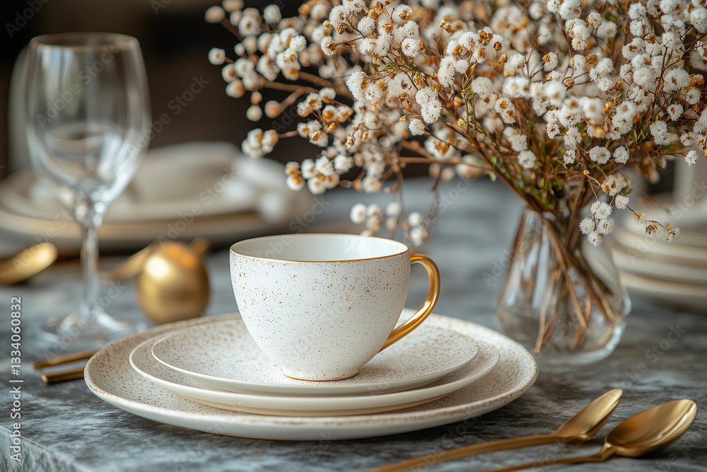Elegant spring table setting concept empty plate with golden cutlery, with elegant glass cup , background with copy space Elegant spring table setting concept empty plate with golden cutlery, with elegant glass cup , background with copy space