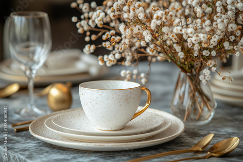 Elegant spring table setting concept empty plate with golden cutlery, with elegant glass cup , background with copy space