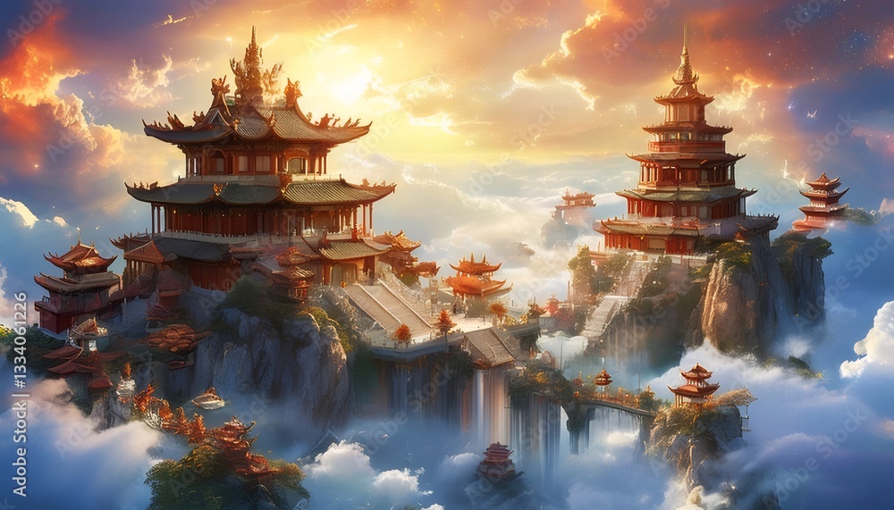 Asian Mountaintop Temples at Sunset Asian Mountaintop Temples at Sunset