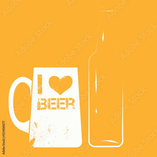 Poster design I love beer, line art drawing beer bottle, glass. Vector illustration minimalism