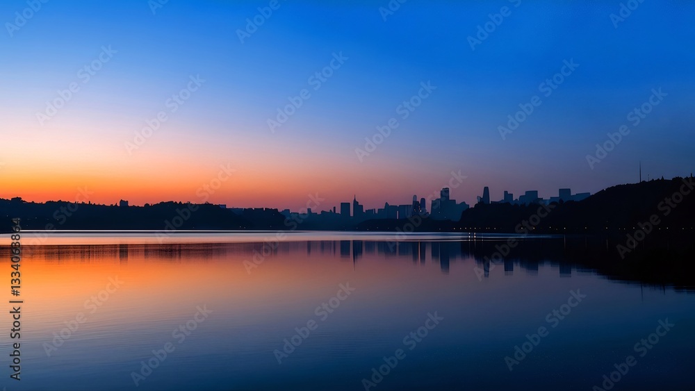 City Skyline Sunrise Reflection in Calm Water City Skyline Sunrise Reflection in Calm Water