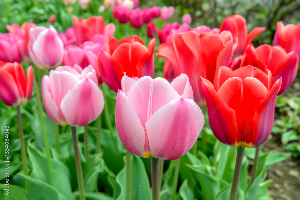 Blooming field of vibrant pink and red tulips in full spring glory Blooming field of vibrant pink and red tulips in full spring glory