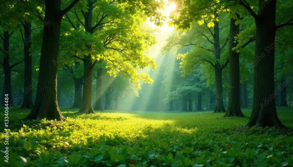 Fototapeta premium Sun-dappled square in lush green forest clearing, path, empty