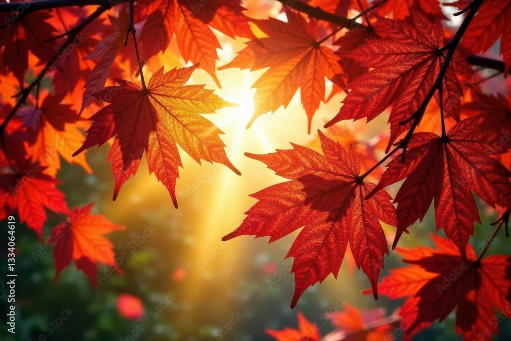 Sun-drenched canopy of crimson, gold, and russet leaves , november, branch Sun-drenched canopy of crimson, gold, and russet leaves , november, branch