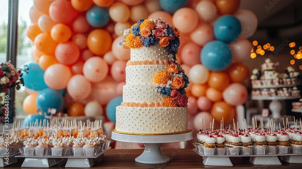 Fototapeta premium Elegant Four-Tier Wedding Cake with Balloons