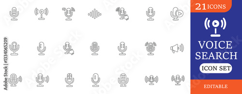 This Voice Search Icon Set features 21 clean and professional icons, ideal for apps, websites, and AI-based voice recognition projects. Includes various microphone and sound wave designs