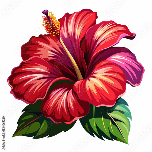 Elegant hibiscus flower with rich red petals and green leaves on white canvas.