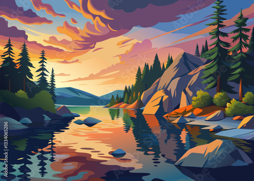 Sunset over a tranquil lake with pine trees and mountains reflecting in the water.