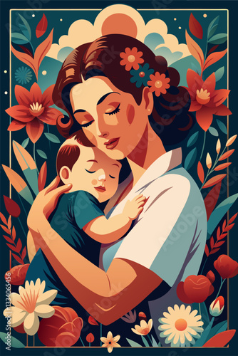 Tender Illustration of a Mother Holding Her Sleeping Child.