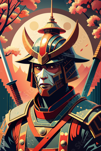 Samurai Warrior in Traditional Armor with Sword and Pagoda Background.